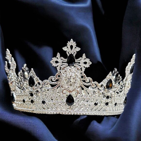 Silver Lion King Crown, Prince Wedding Headpiece, Black Crystal Crown for Groom